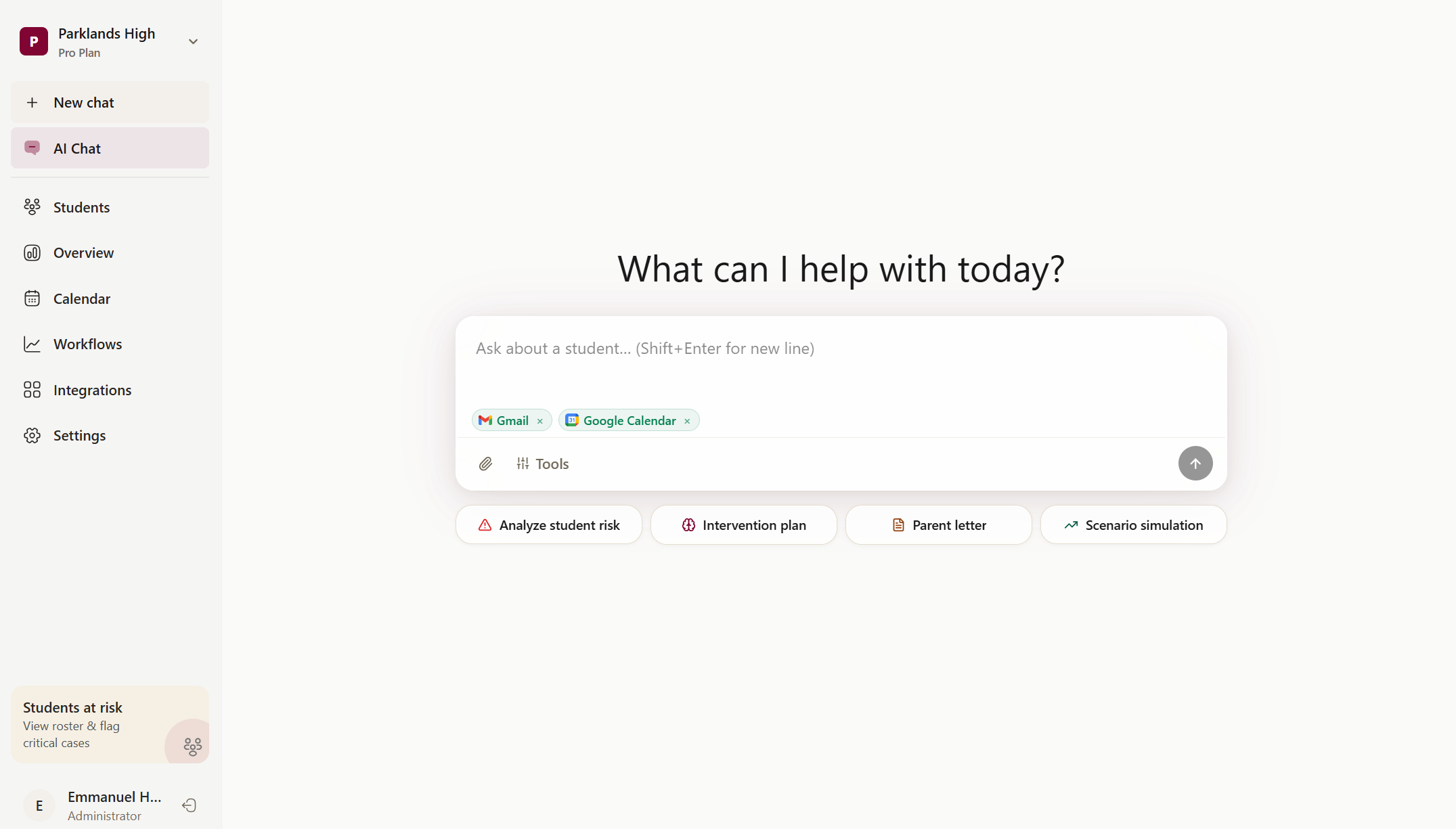 RIN platform preview — AI chat interface with integrations